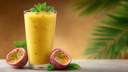 Fototapeta premium Vibrant yellow passion fruit smoothie in tall glass