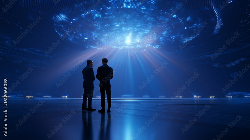 Poster futuristic quantum computing chamber with scientists discussing