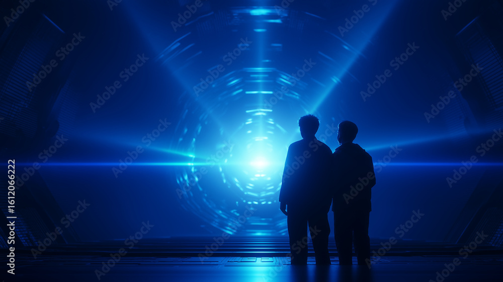 Poster futuristic quantum computing chamber with scientists discussing