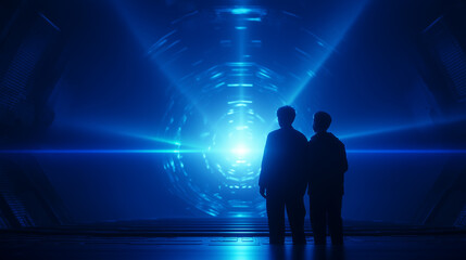 Obraz premium Futuristic Quantum Computing Chamber with Scientists Discussing
