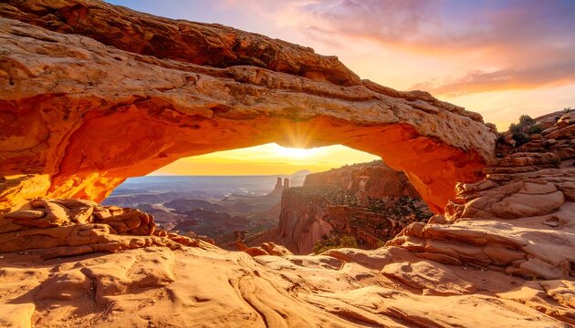 Sunrise Through Natural Arch Rock Formation Landscape - Powered by Adobe