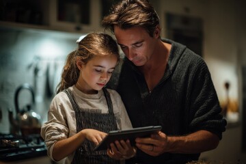 Father and daughter working together to fix a digital tablet in a cozy kitchen during the evening