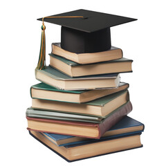 Stack of books with graduation cap isolated on transparent background