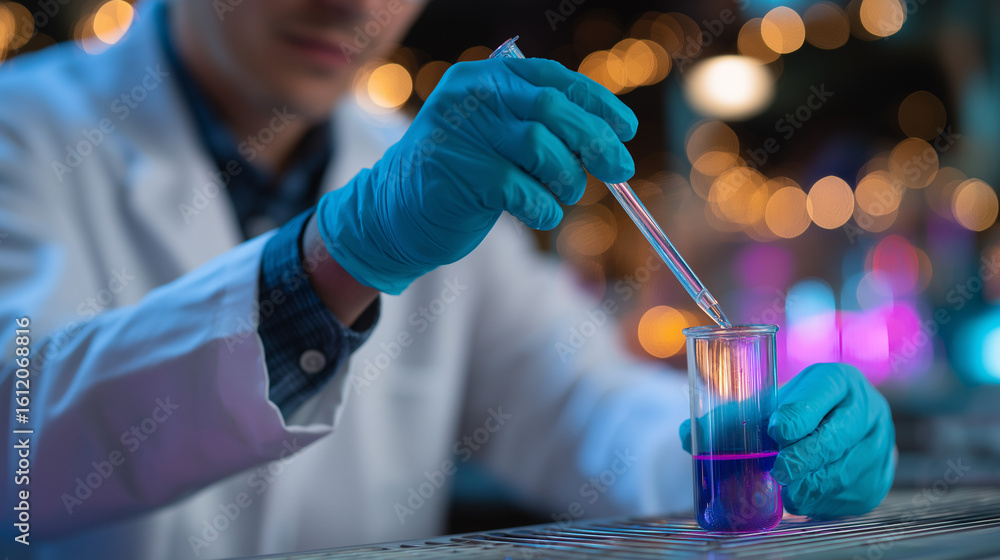 Poster young chemist working with fluorescent agent in lab setting