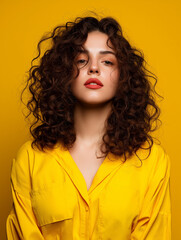 Happy Woman With Curly Hair, Vibrant Yellow Background, High Contrast But Soft Light, Colorful Fashion, Studio Portrait