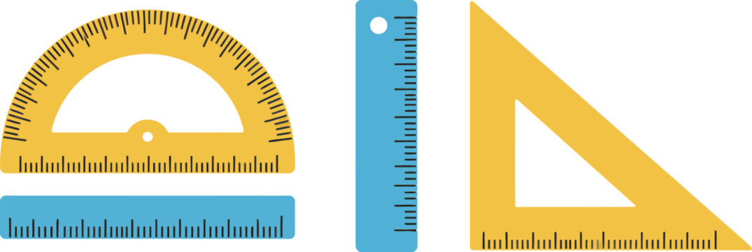 Geometry tools set with protractor ruler and triangle in blue and yellow colors for drawing and measuring angles and lines
