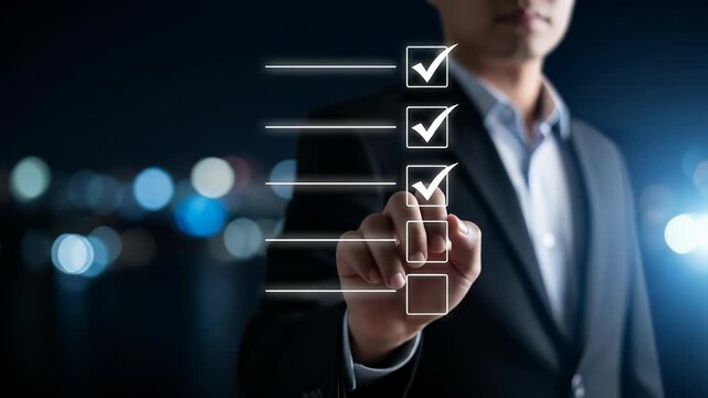 Businessman Checking Off Digital Checklist: Focus, Completion, Success, and Productivity Concept