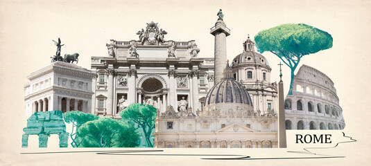 Obraz na płótnie Canvas Rome famous landmarks collage. The modern art design from best views of Rome, Italy, Europe.