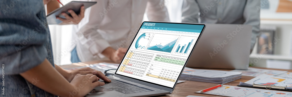 Poster spreadsheet document information financial startup concept. data and graphs in spreadsheet documents