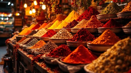 A vibrant display of colorful spices at a bustling market stall