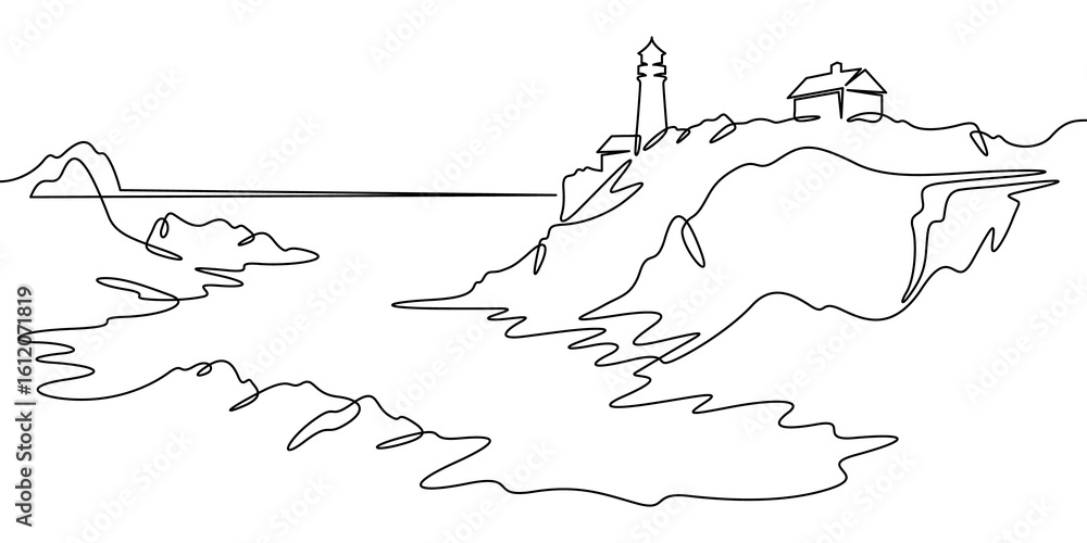 Poster continuous one line drawing lighthouse on a rocky cliff. lighthouse on the seashore.one continuous l