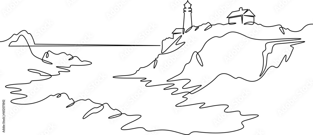 Poster continuous one line drawing lighthouse on a rocky cliff. lighthouse on the seashore.one continuous l