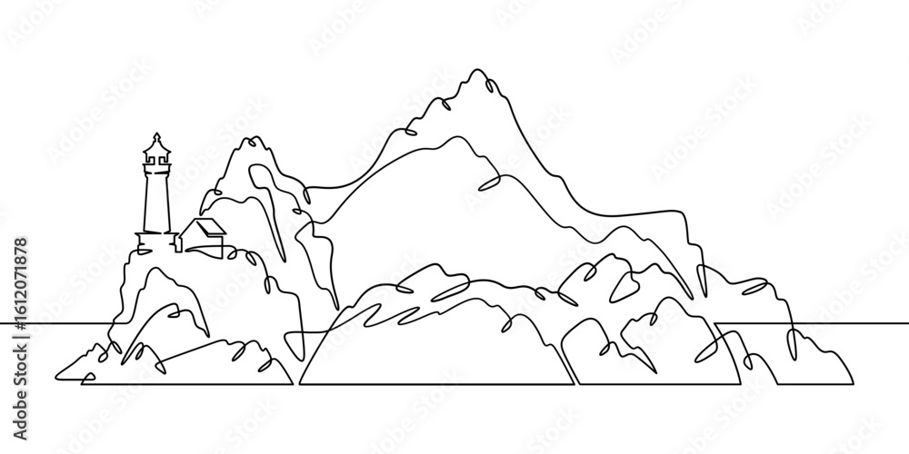 Poster continuous one line drawing lighthouse on a rocky cliff. lighthouse on the seashore.one continuous l