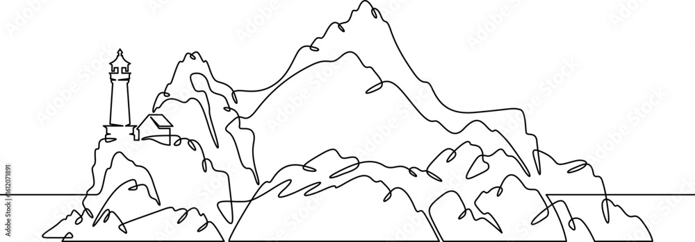 Poster continuous one line drawing lighthouse on a rocky cliff. lighthouse on the seashore.one continuous l
