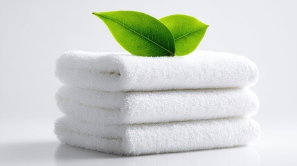 A stack of white towels with fresh green leaves.