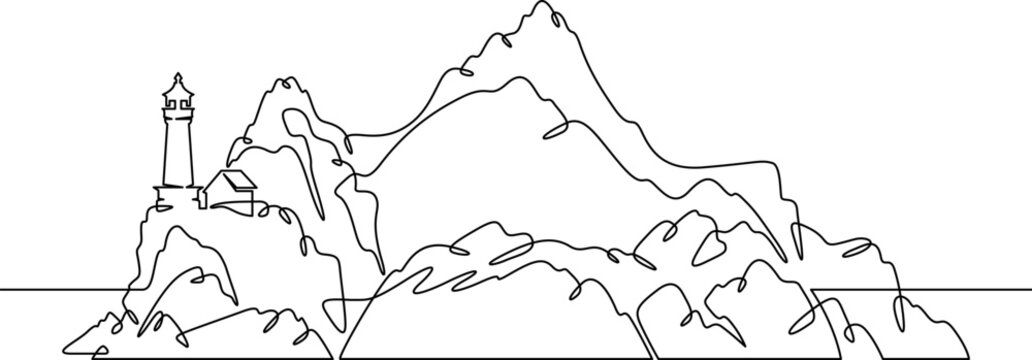 Continuous one line drawing lighthouse on a rocky cliff. Lighthouse on the seashore.One continuous line isolated minimal illustration.Not AI.