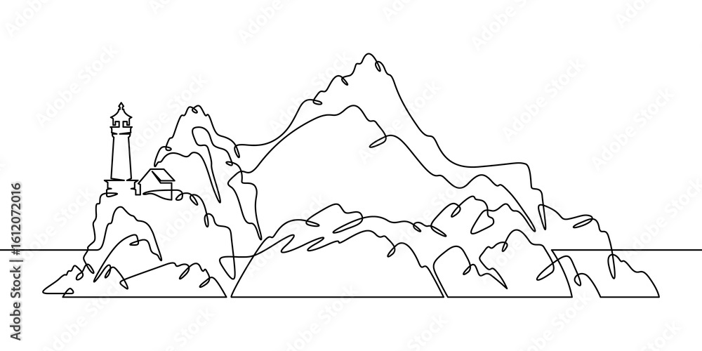 Poster continuous one line drawing lighthouse on a rocky cliff. lighthouse on the seashore.one continuous l