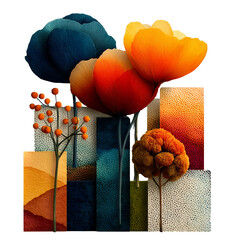 A colorful surreal garden made of large 3D floral sculptures and stacked block architecture showcasing an artistic fusion of nature and modern geometry on a transparent background