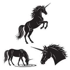 Set of 3 Unicorn Silhouettes as Magical Fantasy Animal Icons