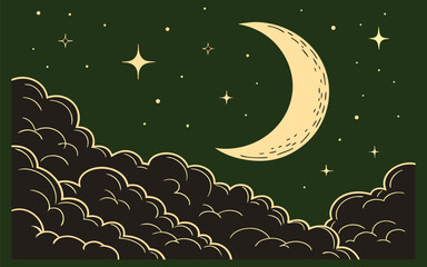 Dreamy celestial night sky with golden crescent moon and dramatic clouds