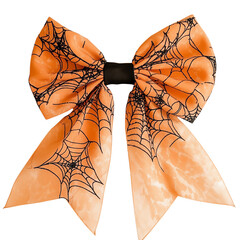 Isolated transparent A vibrant orange Halloween bow adorned with spider web patterns, perfect for festive decor. PNG die-cut element for advertising
