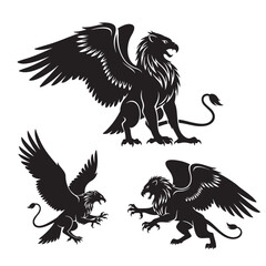Set of 3 Griffin Silhouettes as Legendary Creature Vector Icons