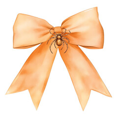 Isolated transparent An elegant orange bow with a detailed spider artwork at its center. PNG die-cut element for advertising