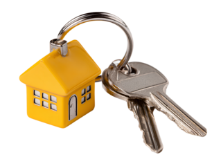 A yellow, house-shaped keychain with keys, on a white background