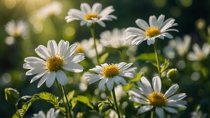 Fototapeta premium White Flowers in Sunlight, Green Bokeh Background