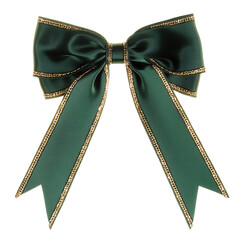 Isolated transparent Elegant green satin ribbon bow with gold trim for festive decorations and crafts. PNG die-cut element for advertising