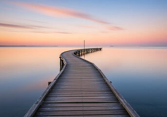 Fototapeta premium Peaceful and tranquil seascape with a long wooden pier extending into the calm water under a colorful twilight sky.