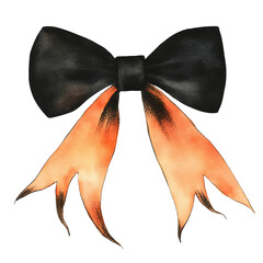 Isolated transparent Stylish black and orange watercolor bow with flowing ribbons for creative designs. PNG die-cut element for advertising