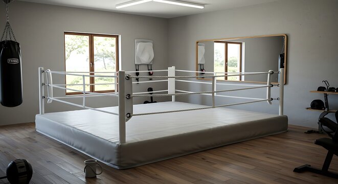 Indoor Training Boxing Ring in Private Gym with Motivational Decor and Soft Light - Powered by Adobe
