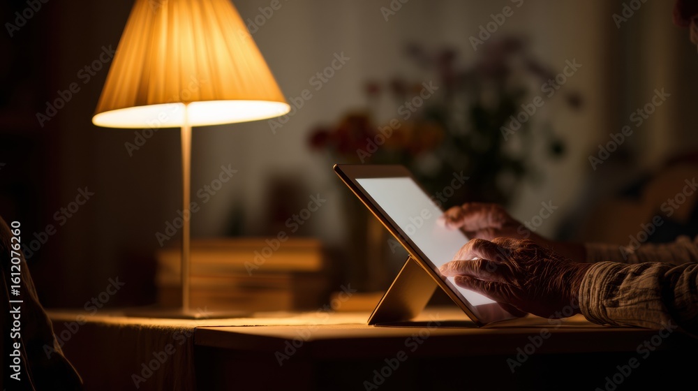 Poster senior person engaged in future learning while reading a digital tablet under warm lamp light in a c