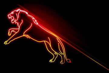 Glowing neon outline of roaring lion leaping on black. Concept of power, wildlife, neon sign.