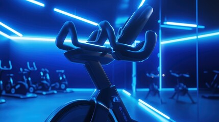 Modern fitness studio with illuminated exercise bike in focus
