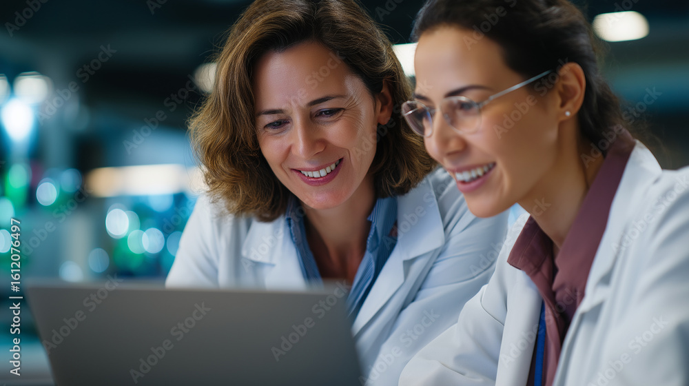 Poster collaborative female researchers analyzing sequencing data in lab