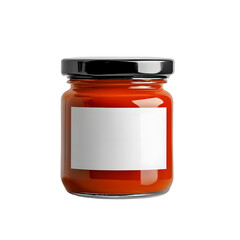 Realistic 200ml Round Glass Jar Filled with Red Sauce Featuring a Blank White Label and Black Lid Ideal for Food Packaging