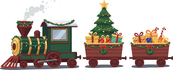 Festive Christmas train with decorated tree and gift-filled wagons in holiday celebration scene
