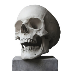 Realistic Human Skull Sculpture on Stone Pedestal with Dramatic Shadows and Detailed Bone Texture for Anatomy or Gothic Art Concepts