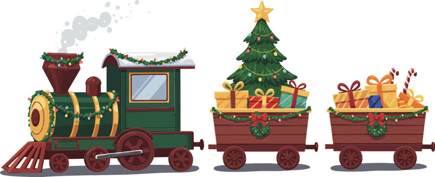 Festive Christmas train with decorated tree and gift-filled wagons in holiday celebration scene