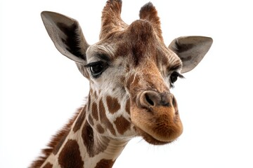 Fototapeta premium Giraffe gazing against a bright white sky in a natural setting during daylight showcasing its distinctive features and captivating expressions