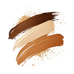 Three dynamic cosmetic foundation smudges in dark brown, ivory, and golden beige tones with textured splatter