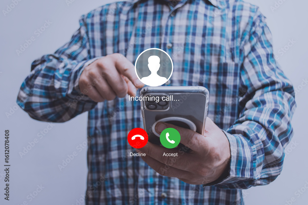 Poster close-up image of a man holding a smartphone, about to answer or decline an incoming call. concept f