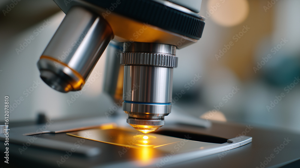 Poster advanced research microscope with focus adjustment and specimen slide