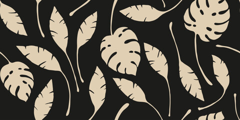 Abstract art vintage colors tropical line art leaves seamless background vector. Wallpaper design with leaves shapes and scribble doodle linear leaf. vintage botanical floral seamless pattern
