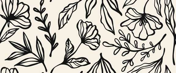 Leaves branch and Hand Drawn doodle Scribble floral plants banner, seamless pattern. Creative minimalist Abstract art background. Design wall decoration, postcard, poster or brochure