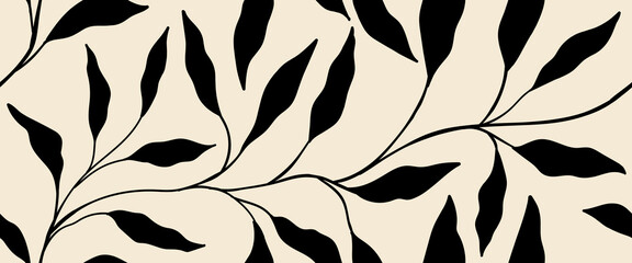 Abstract art vintage colors tropical line art leaves seamless background vector. Wallpaper design with leaves shapes and scribble doodle linear leaf. vintage botanical floral seamless pattern