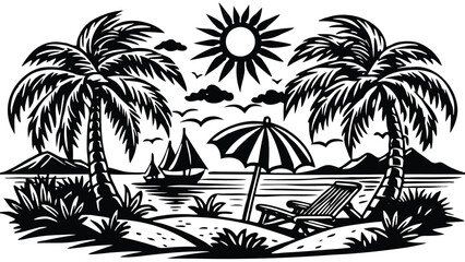 Tropical Beach Getaway Palm Trees, Ocean View and Sunny Paradise Illustrated Design for Relaxation and Vacation