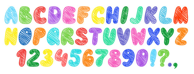 Crayon kids font, doodle funny playful alphabet. Hand drawn scribble kid typescript numbers. School wax crayon abc cute kindergarten handwriting playful letters. Colorful English alphabet and numbers